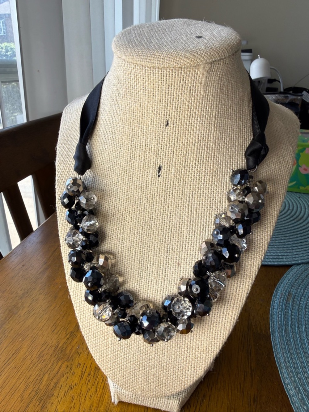 VTG Black and Silver Faceted Bead Statement Necklace